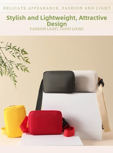 Collection of nylon crossbody bags in yellow red green and white on display stands
