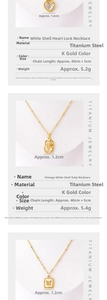 Detailed specs for gold titanium necklaces with white shell hearts and tulip pendants