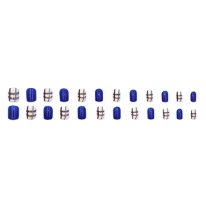 Kit de 24 faux ongles courts à carreaux bleus en différentes tailles pour usage quotidien