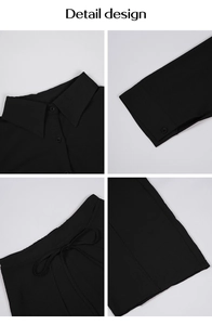 Detail design showcasing collar, cuffs, drawstring waist, and hem of black casual set