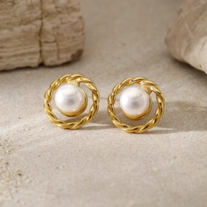 Round Stud Earrings Stainless Steel With Artificial Pearl Twisted Rope Frame Vintage Elegant French Style For Women