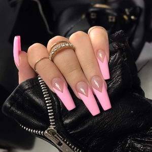 Press On Nails Pink French V-Shape Long Coffin False Nails Glossy Manicure For Women Fashionable DIY Fingernail Art