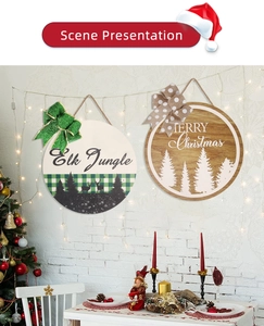 Detail of 28cm Christmas wooden signs with elk patterns and festive bows on a white wall