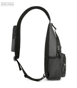 Side view of dark gray crossbody chest bag with breathable mesh and accessory pouch