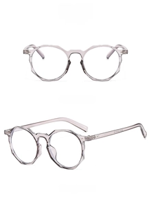 Detailed front and side view of transparent grey polygon anti-blue light glasses frames