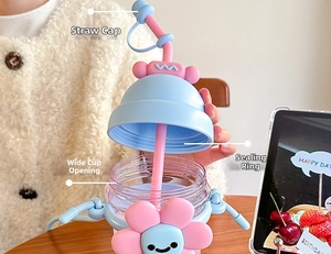 Detail of cute sunflower water bottle with silicone straw cap and pink sealing ring