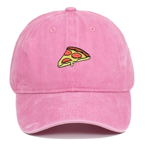 Casquette de baseball en coton délavé rose avec broderie pizza et couronne à six pans