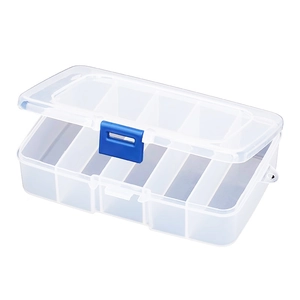 Transparente 10-Gitter-Aufbewahrungsbox aus Kunststoff mit blauem Verschluss für Haarschmuck