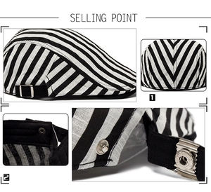 Detailed view of striped linen flat cap showing adjustable metal buckle and snap closure