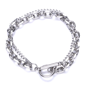 Bracciale hip-hop a doppio strato in acciaio al titanio argento con chiusura OT
