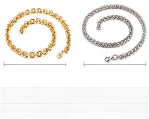 Detailed specs of stainless steel link chain and wheat chain necklaces with measurements