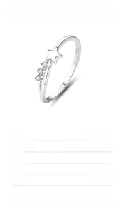 Macro detail of S925 silver star ring with White Gold plating and CZ stones information