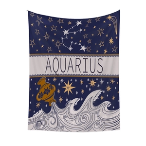 Detail of Aquarius tapestry featuring golden stars and ocean waves on deep blue background