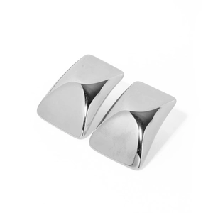 Polished silver stainless steel square stud earrings with minimalist curved surface