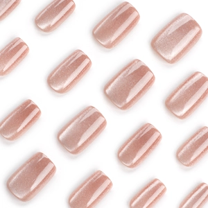 Short square cat-eye press-on nails in rose gold shimmer finish for a chic look