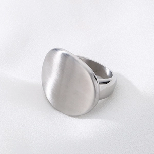 Detail of matte brushed oval surface and polished stainless steel band for retro ring