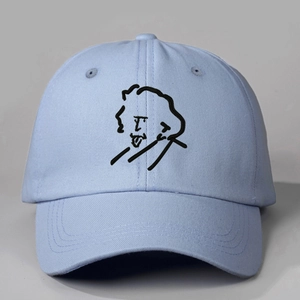 Light blue cotton baseball cap featuring minimalist Albert Einstein embroidery on front