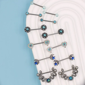 Blue series nipple ring set featuring heart, moon, and star shapes in stainless steel