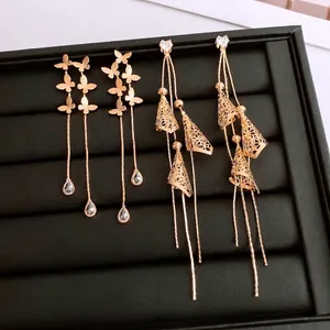 18K gold plated heart and butterfly tassel drop earrings with sparkling zircon stones