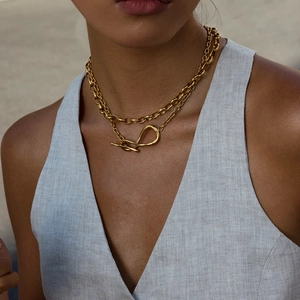 Détail d'un collier double épaisseur en acier titane doré avec fermoir à bascule OT
