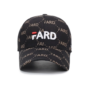 Classic black baseball cap with 3D letter embroidery and all-over pattern print
