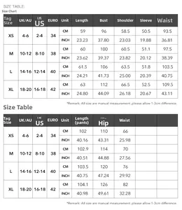 Size chart for women casual long sleeve t-shirt and straight leg pants set with US and EU units