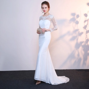 Elegant white lace mermaid wedding dress with long sleeves and透视 sheer neckline details