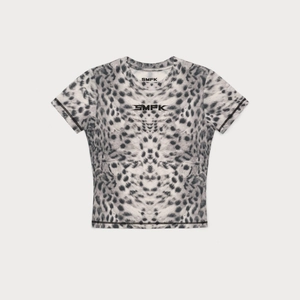 Eng anliegendes Sport-T-Shirt mit Leopardenmuster, Kurzarm und Rippel-Design-Akzenten