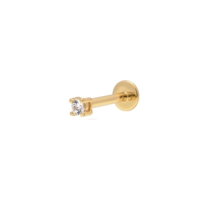 Side view of golden S925 silver stud earring with clear cubic zirconia in macro detail