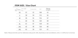 Detailed size chart for faux fur jacket including length, shoulder, bust and sleeve measurements