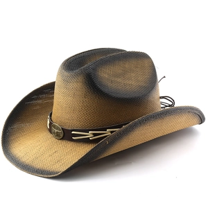 Chapeau de cow-boy en paille avec emblème de tête de taureau et bordure roulée