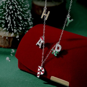 925 Sterling Silver HAPPY Christmas Necklace with zircon bow and festive charm details