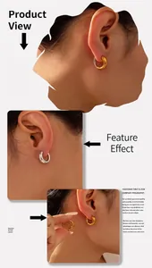 Detail showing two-tone gold and silver chunky hoop earrings worn by a model