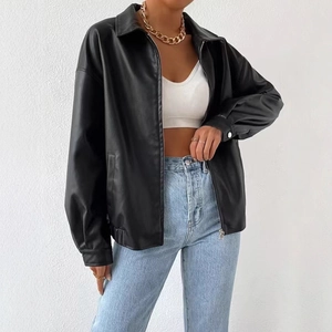 Classic black faux leather biker jacket with lapel collar and metal zipper for women