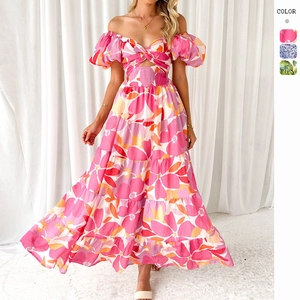 Maxikleid Blumenmuster Polyester Schulterfrei Puffärmeln Ausschnitt Stufenrock Urlaub Strand Sommer