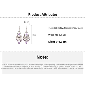 Detail view of purple rhinestone tassel earrings with waterdrop glass in vintage style