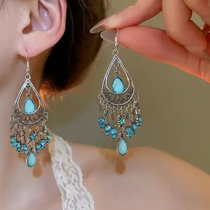 Bohemian Vintage Hollow Waterdrop Tassel Dangle Earrings Alloy Rhinestone Blue Glass Ethnic Style Women
