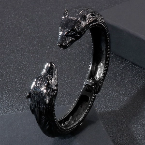 Bracelet jonc ouvert tête de loup en acier inoxydable 316L noir de style punk
