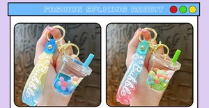 Detail of creative bubble tea keychains with liquid quicksand and colorful beads