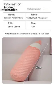 Detail showing 70cm cartoon pencil plush pillow in pink teddy fleece on a sofa