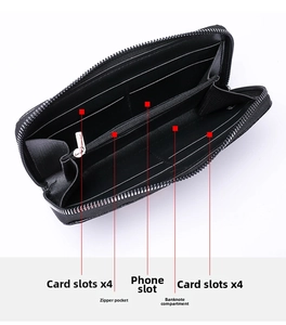 Interior detail of long zip wallet showing 8 card slots, phone pouch and money compartment
