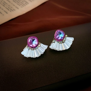 Fan Shaped Stud Earrings Purple Crystal Rhinestone Pleated Resin Vintage Style With 925 Sterling Silver Earring Post
