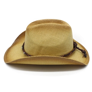 Close-up of woven straw cowboy hat featuring brown braided band with metallic accents