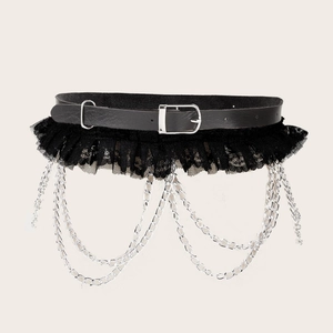 Dark punk black leather waist belt featuring lace trim and silver metal hanging chains