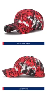 Vue latérale de la casquette dégradée rouge et blanche avec imprimés graffiti noirs