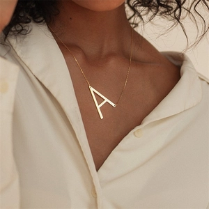 Stainless Steel Slanted Initial Letter Pendant Necklace For Women Retro Punk Style Large Alphabet A-Z Gold Plated Jewelry