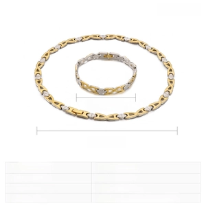 Detail of two-tone stainless steel necklace and bracelet set with X-shaped links