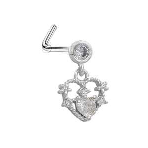 Clou de nez en argent en forme de L avec pendentif cœur étincelant et oxydes de zirconium