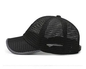 Close-up of black mesh baseball cap side profile with adjustable strap for summer ventilation