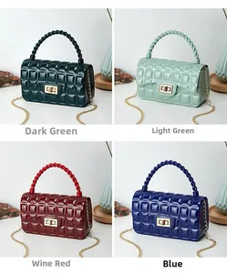 Chic quilted PVC jelly bags in dark green, light green, burgundy, and blue with gold locks